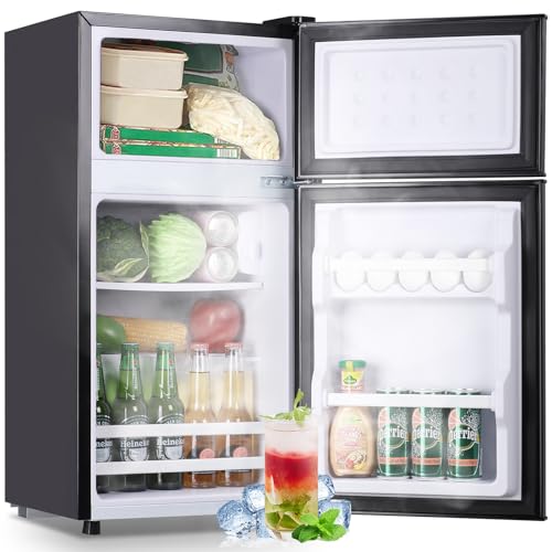 Image of DEMULLER Retro Fridge with Freezer Dual Door Apartment Size Refrigerator with Egg Tray, Fridge with Removable Plastic Shelves, 14.96 inch D x 14.57 inch W x 30.8 inch H, Dark Grey