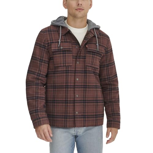 Image of Levi's mens Plaid Sherpa Lined Hooded Shirt Jacket (Regular & Big & Tall Sizes)