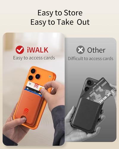 Image of iWALK Stronger Magnetic Wallet, Upgraded for MagSafe Wallet, RFID Blocking, 5 Card Holder with Adjustable Stand, Slim Leather Phone Wallets for iPhone 17 /16 /15 /14 /13 /12 Series, iPhone Wallets Orange