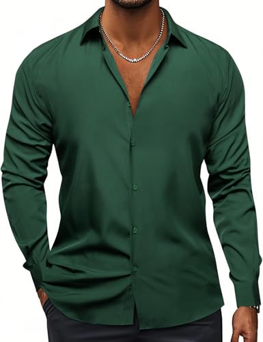 Hi-Tie Camisas de vestir elásticas de 4 vías para hombre, sin arrugas, camisa casual con botones de manga larga, Negro Verde, Small