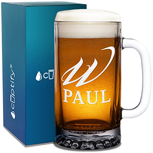 Personalized Beer Mug for Men Script Monogram Initial and Name Laser Engraved 16 oz Drinking Glasses Customized Mug Birthday Gift