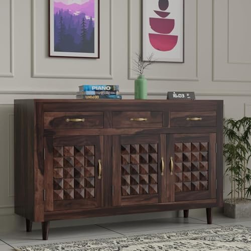 Image of Solid Sheesham Wood Sideboard Cabinet Storage with 3 Door & 3 Drawer Wooden Storage Organizer Cabinet for Home Kitchen Living Room Bedroom Hallway Dinning | Walnut Finish | Pre-Assembled