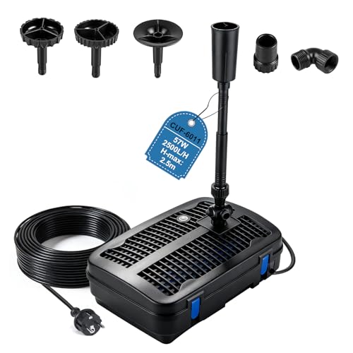 EXLECO 2500 L/h 57W Pompe pour Bassin de Jardin Extérieur avec Lampe UV Aquarium, Filtre avec 3 Têtes de Fontaine, Médias Filtrants, Raccords de Réglage...