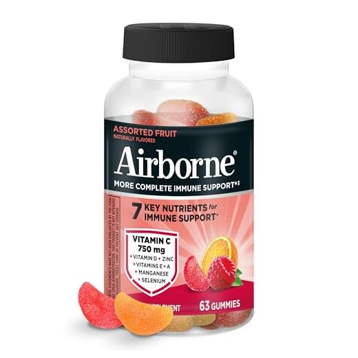 Airborne Vitamin C 750mg (per serving) - Assorted Fruit Gummies (63 count in a bottle), Gluten-Free Immune Support Supplement With Vitamins C E, Selenium
