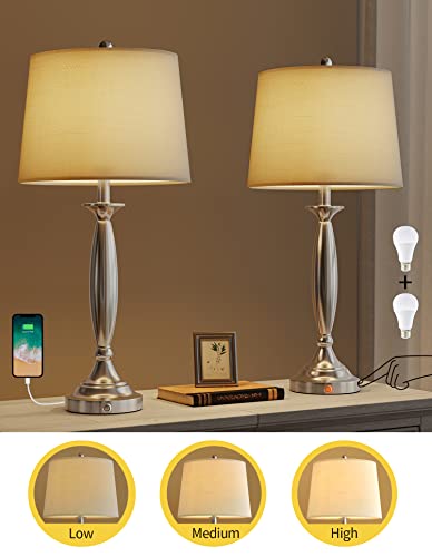 Oneach 3 Way Dimmable Touch Control Usb Table Lamps Set Of 2 For Living Room Bedroom Nightstand Modern Industrial 27.75“ Brushed Steel Bedside Lamp Linen Shade Accent Light Silver(Bulb Included) #TOP3