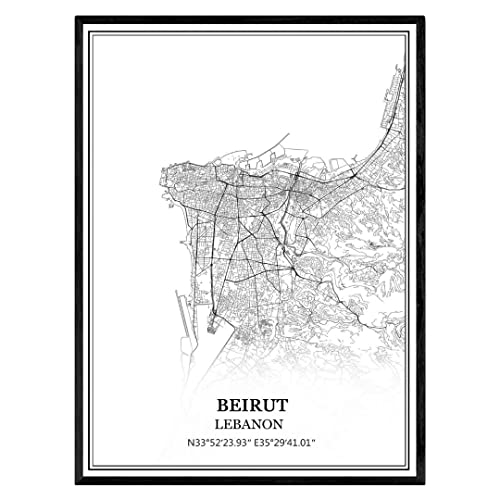 Beirut Libanon karta väggkonst canvas tryck affisch konstverk oinramad modern svart och vit karta souvenir gåva heminredning -28 x 35 cm