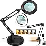 10X Magnifying Glass with Light and Stand, 2-in-1 Desk Lamp & Clamp Light, Seylae 5 Color Modes, Brightness Stepless Dimmable LED Lighted Magnifier Hands Free, Magnifier Lamp for Close Work, Reading