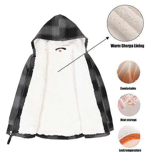 Image of ThCreasa Boys Plaid Flannel Jackets Sherpa Lined Zip Up Long Sleeve Warm Flannel Shirt with Hood