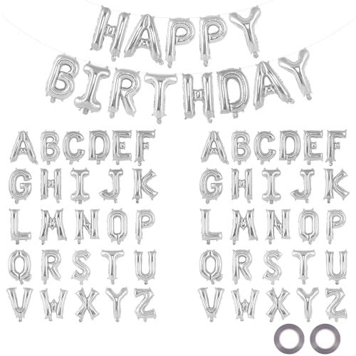 Image of 65 Pcs Silver Happy Birthday Balloons, 2 Sets A-Z Silver Letters Foil Balloons, 16 Inch Personalized Name Happy Birthday Banners for Wedding Baby Shower Anniversary Party Decorations