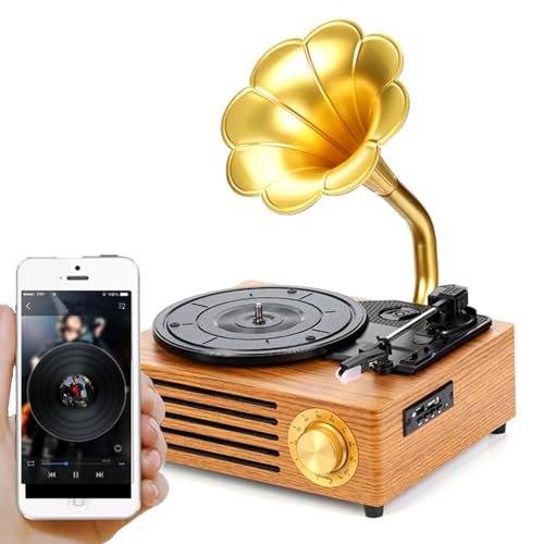 Vintage Gramophone with Wireless Bluetooth Function, Horn Shape Vinyl Record Player with Built-in Stereo Speakers, SD Card Player, 33/45/78 3 Speeds for Hotels, Clubs, Bars, Yoga Studios