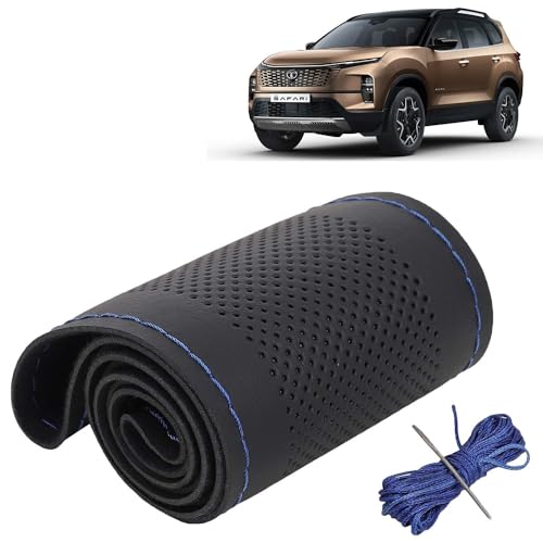 Image of KINGSWAY PU Leatherite Car Steering Cover Sewable Compatible with Tata Safari (Year 2023 Onwards), Black Color with Blue Thread, Pack of 1 with Sewing Needle and Thread