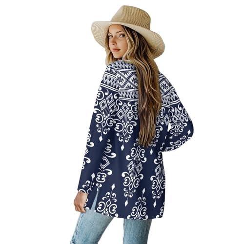 Image of Women's Aztec Open-Front Jacket Lightweight Casual Outerwear Native Western Aztec Pattern & Plaid Houndstooth Print