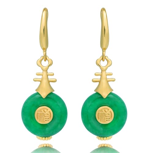 Crystal Force Jade Dangle Drop Earrings - 14K Gold Plated S925 Sterling Silver Hook/Jade Oval 8mm Cute Teardrop Earrings - Green
