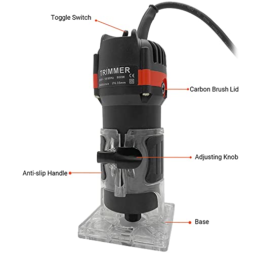 Weytoll Professional Kantenfräse, Holzfräse Oberfräse 800 W 30000 U/min, mit 15 Fräsern, Holzfräse Kantenfräse Mit Spannzange 6.35MM, Transparente Basis Mit Führungshilfe Oberfräse