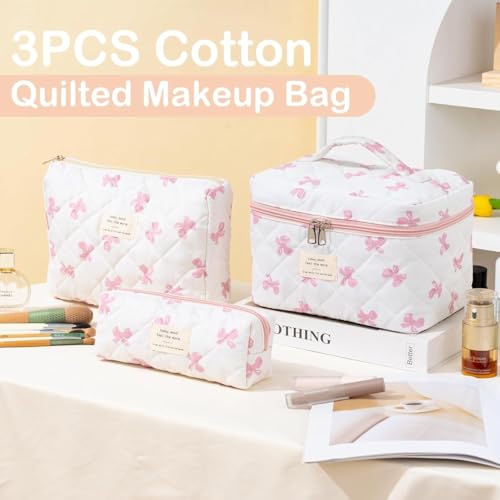 Image of Lyrovo Makeup Organizer Cosmetic Bag Quilted Large Floral Make Up Organize Set for Women Flower Travel Toiletry Bag (TIE-Pink)