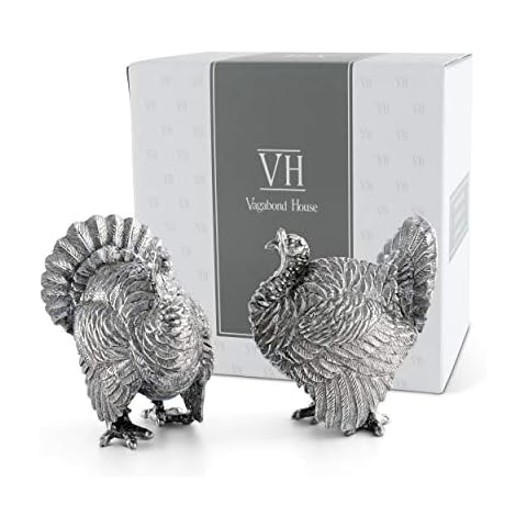 Vagabond House Pewter Thanksgiving Turkey Salt and Pepper Shaker Set Solid Metal 2.25 inch Tall Cover