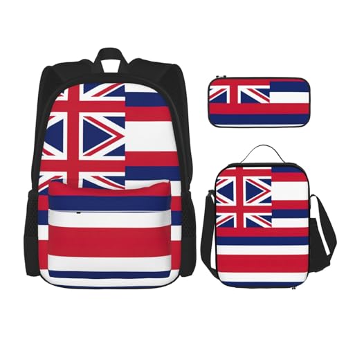 nanger Hawaii Flag Print 3-Piece Set Backpack, Lunch Bag And Pencil Case, For Travel, College, And Daily Use