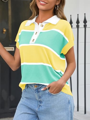 Image of Saodimallsu Women's V Neck Button Down Striped Short Sleeve Knit Sweater