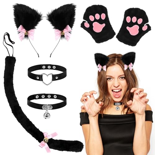 Herbst Katze Cosplay Set Schwarz Katzenkostüm für Damen und Kinder Katzenohren Stirnband Pfoten Handschuhe Schwanzkragen Party Halloween Karneval...