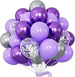 Purple and Silver Balloons, 12 Inch Graduation Balloons 60pcs Pastel Purple Balloon with Silver Confetti Balloon, Lavender Balloons for Graduation, Birthday Baby Shower Wedding Party Decorations