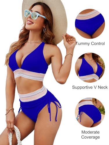 Image of Blooming Jelly Women High Waisted Bikini Sets Tummy Control Swimsuits Color Block Two Piece Drawstring Bathing Suit