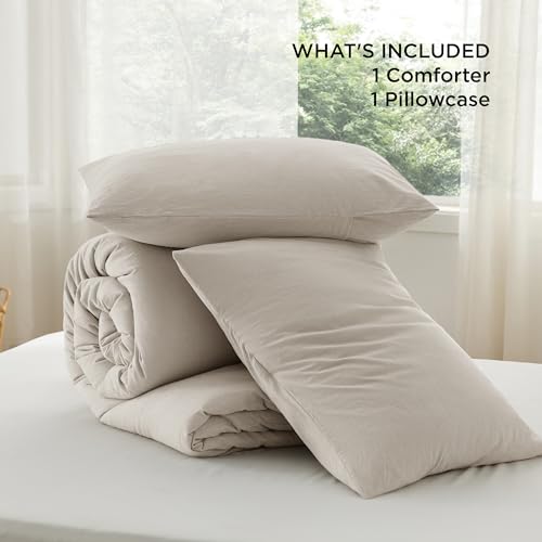 Image of Bedsure Comforter Set Twin Size - Cotton Fabric with Microfiber Inner Fill, Linen Color PureWoven Soft Bed Set for All Seasons, 2 Pieces, 1 Comforter (68 inch x 88 inch) and 1 Pillow Case (20 inch x 26 inch)