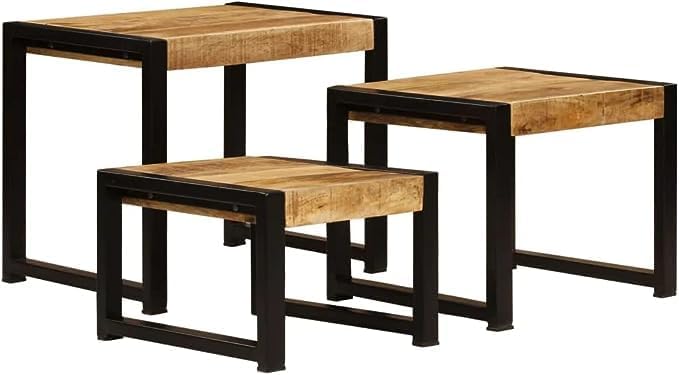 Side Table Set of 3, End Table with Steel Frame, Nesting Coffee Table for Living Room, Home Furnishing, Industrial, Solid Wood Mango