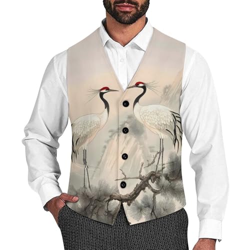 Red Crowned Crane Men's Suit Vests Business Formal Dress Vest V-Neck Waistcoat for Wedding Casual