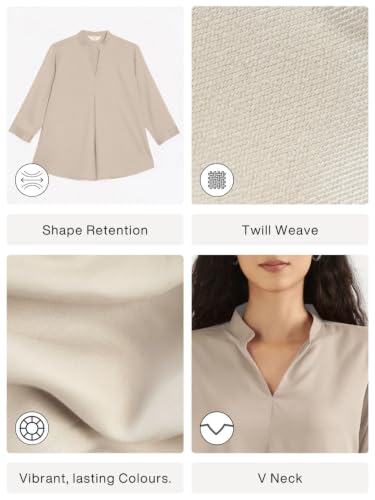 Image of SAADAA Top for Women, Viscose Pleated Tops, V-Neck with a Collar, 3 /4 Sleeve Length, Office & Casual Wear