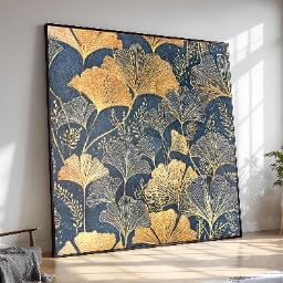 Peinture décorative ginkgo dorée, toile bleue salon 55x55cm
