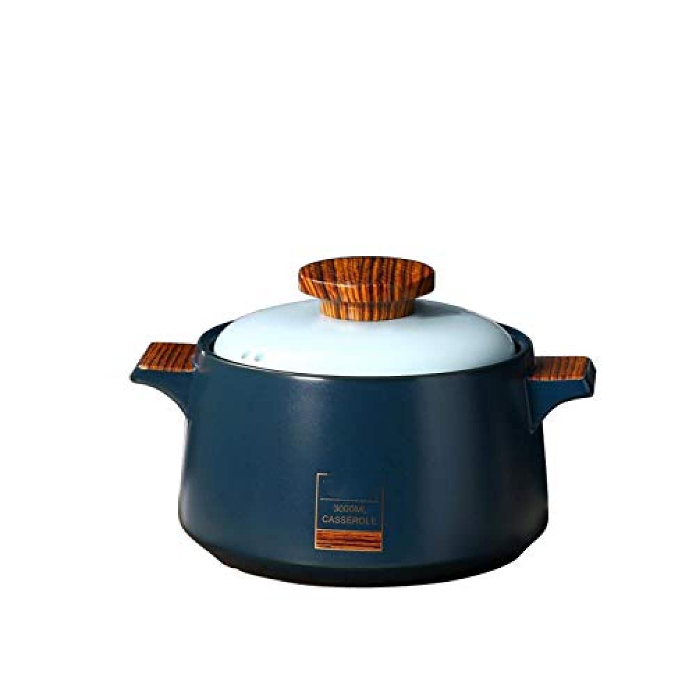 Coperchio in ceramica con doppio manico in legno, pentole in ceramica, pentola universale per salsa in ceramica per zuppa domestica, pentola per zuppa in ceramica blu del Ringraziamento ||3L