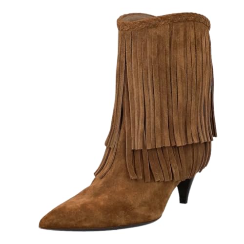 FOWT Women Chic Tassels Pointed Toe Kitten Heel Ankle Boots Pull On Comfort Winter Party Booties Size 4-16 US