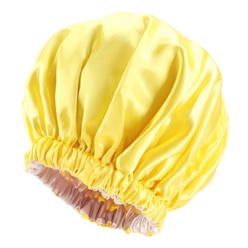 Waltonalice Satijnen Bonnet Slaapmuts, 100% zijde, dubbellaags, verstelbare zijden slaapmuts, voor slapen, haarkap, nachtmuts voor krullend haar, geel, Eén Maat