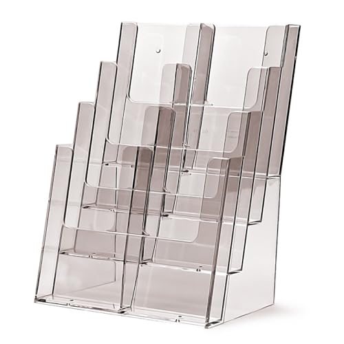 TAYMAR 4C230 Tisch-Prospektständer, Prospektaufsteller im DIN A4 Format (4 Fächer) auf 4 Etagen inkl. Fach-Teilern für eine optionale Umrüstung auf DIN Lang (DL) - trifold mit 8 Fächern – Transparent