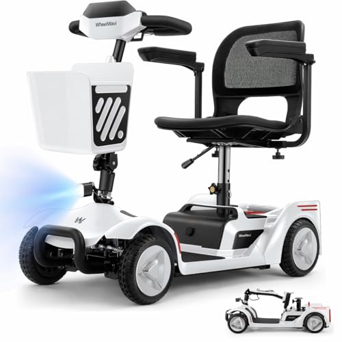 WheelWavi 4-Wheel Mobility Scooter for Seniors, Foldable with NFC Keyless Start, 15-Mile Range, 300 lb Capacity, Swivel Seat & Removable Battery, White