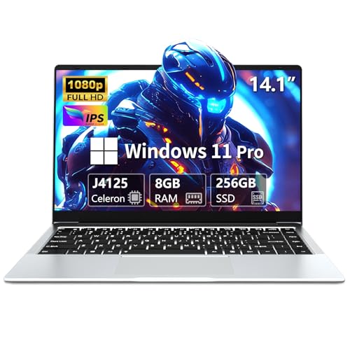 Laptop, Celeron J4125 Processor 14.1 inch Notebook 8GB DDR4 RAM 256GB SSD 1920×1080 IPS Display Laptop Computers, with Mini HDMI, USB-3.0, WiFi Bluetooth 5.0 Silver Slim and Lightweight PC Computer