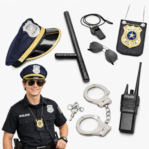 KIJUK Polizei Kostüm Zubehör Set für Erwachsener Frau 7 Stück Teile mit Abzeichen Handschellen Ideal für Rollenspiele Karneval und Fasching Polizei Weste und Zubehör