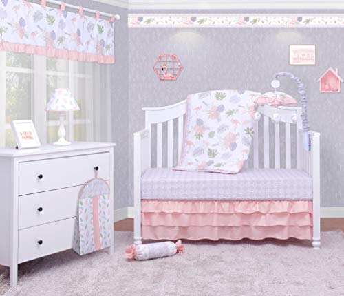 OptimaBaby 6-Piece Baby Crib Bedding Set - Crib Quilt, Skirt, Fitted Sheet, Window Valance, Accent Pillow, Diaper Stacker - Baby Boy, Girl Room Nursery Decor and Bedding Ensemble - Flamingos Plant