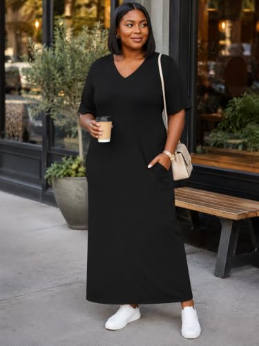Image of SUZONANA Women Casual T-Shirt Dress V Neck Short Sleeve Solid Color Oversize Dress with Front Two Pockets