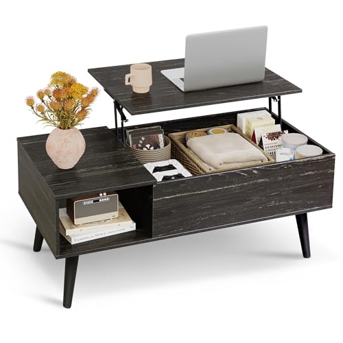 WLIVE Coffee Table for Living Room, Lift Top Coffee Table with Storage, Small Rising Wooden Dining Center Table with Storage Shelf & Hidden Compartment, 39