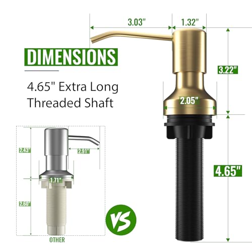 Image of Soap Dispenser for Kitchen Sink, Kitchen Sink Soap Dispenser with 17 OZ Bottle, Refill from The Top Bar, Longer Threaded Shaft Shank, Wide Pump Head Base (Golden)