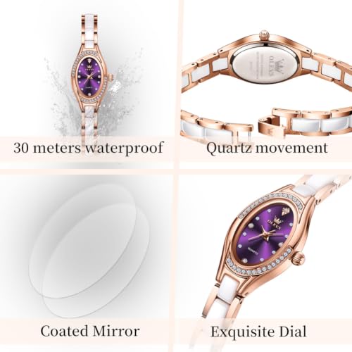 Image of OLEVS Women's Quartz Watches - Elegant Oval Diamond Dress Watch with Ceramic Band, 30M Waterproof Ladies Wrist Watch for Dress & Casual Wear (Rose Gold Blue /Red /Purple /White)