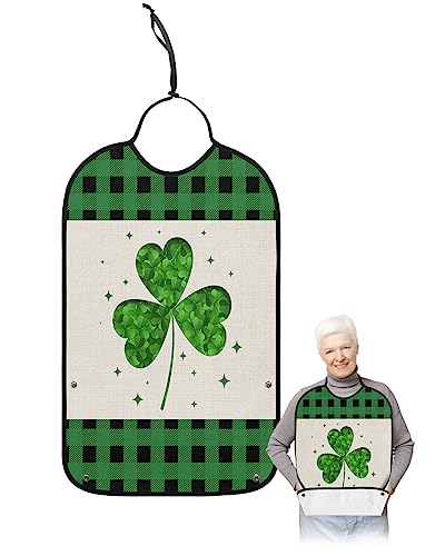 St. Patrick's Day Adult Bibs for Eating, Waterproof Bibs with Food Catcher & Adjustable Snap Closure, Green and Black Checkered Lucky Clover Clothing Protectors Adult Bibs for Elderly Women/Men