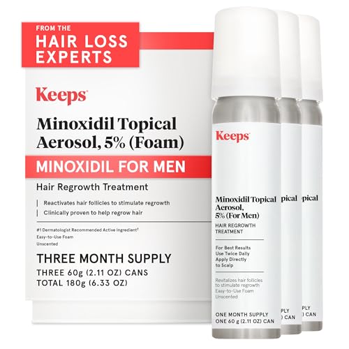 Keeps Extra Strength Minoxidil for Men Topical Aerosol Foam 5%, Hair Growth Treatment - 3 Month Supply (3 x 2.11oz Bottles) - Thicker, Longer Hair - Slows Hair Loss & Promotes Hair Regrowth