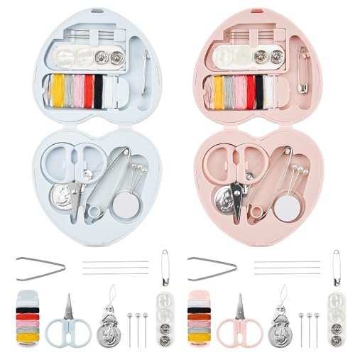 CODIRATO 2 PCS Kits de Couture Portable en Forme de Coeur, Mini Boîte à Couture en Plastique, Trousse Couture de Voyage, Kit d'Aiguille et de Fil pour...
