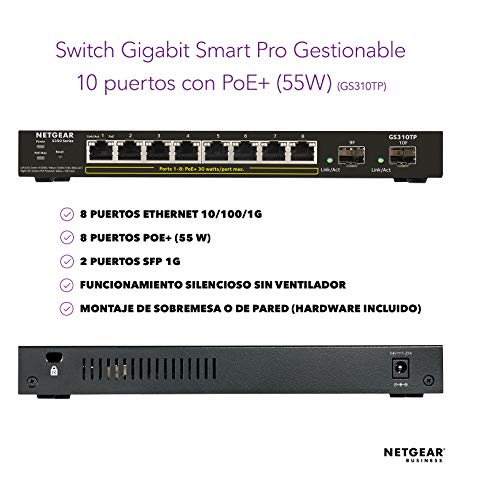 NETGEAR-Switch-PoE-de-10-Puertos-GS310TP-Smart-Managed-Pro-Serie-S350-Switch-Ethernet-con-8-x-PoE-a-55W-2-x-1G-SFP-Montaje-sobremesa-Carcasa-sin-Ventilador-para-un-Funcionamiento-silencioso