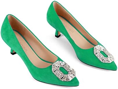 Tanaoen Women's Pumps Low Heel Rhinestone Brooch Satin Evening Dress Wedding Shoes Green Suede 9 | Image 4