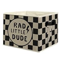 uinwk Retro Boy Nursery Storage Bins, Rad Little Dude Black and Beige Checkered Collapsible Storage Box Laundry Basket with Handle for Boys Bedroom Bathroom Playroom Clothes Toys Books