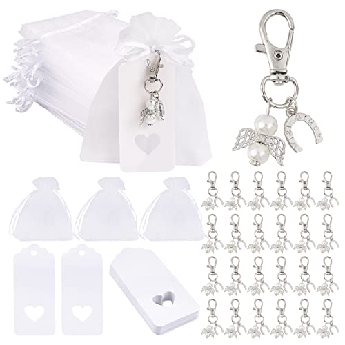 24Pcs Sac Organza Cadeau Sachet Baptême Pochette Communion avec 24 Porte-clés Pendentifs Ange et 24 Cartes Etiquettes Faveur pour Communion Confirmation Baby Shower Mariage(B)