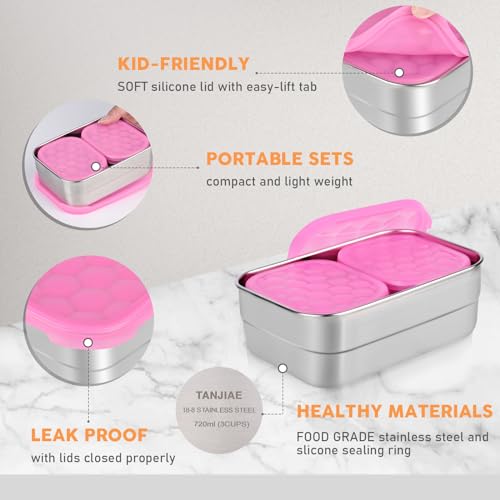 Image of Tanjiae Stainless Steel Lunch Snack Containers Set | Leak Proof 304 Stainless Steel Food Containers with Silicone Lids - Perfect Metal Lunch Box for School and Daycare (Pink Lunch, Medium)